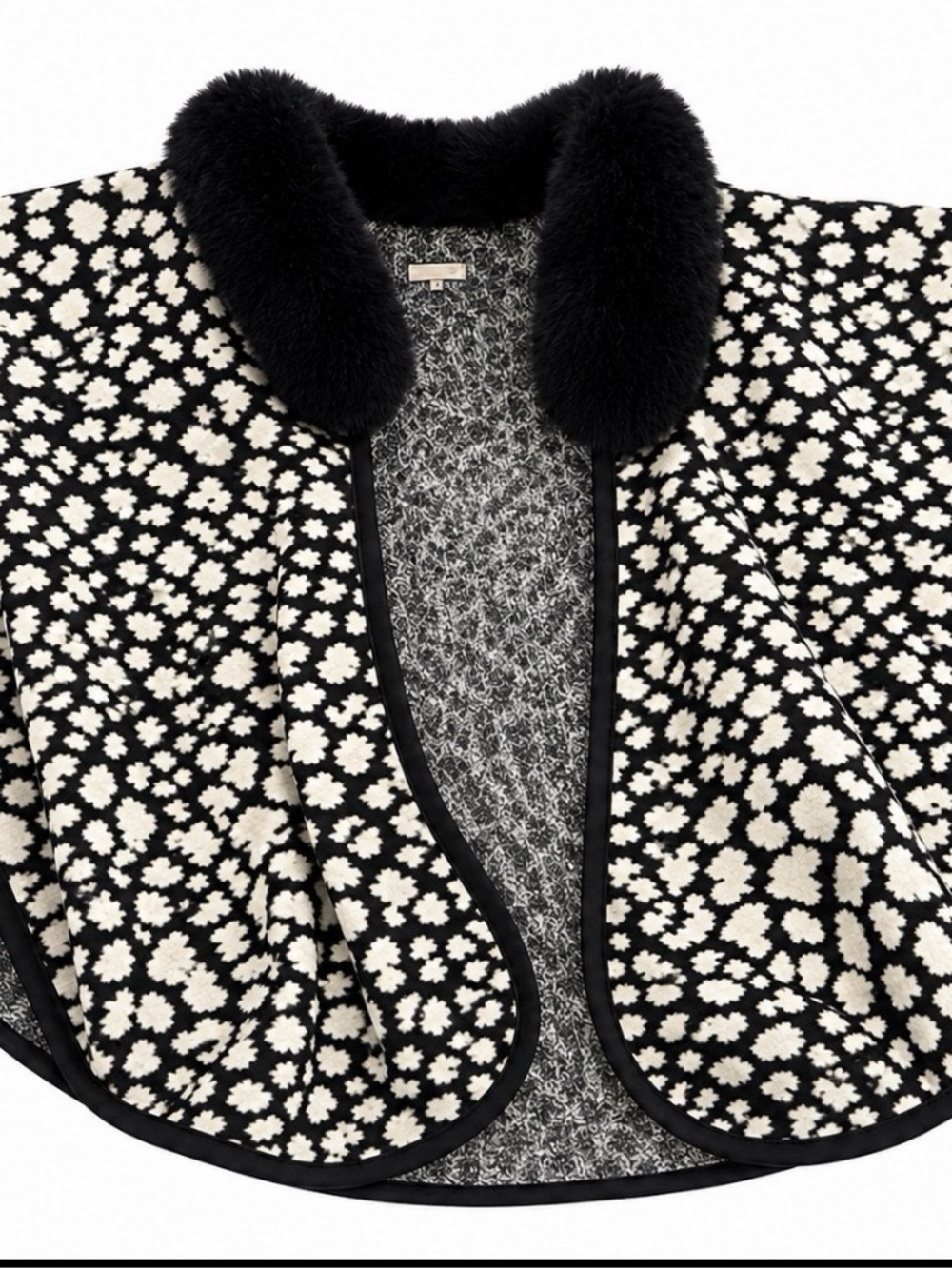 Black & White Floral Faux-Fur Collar Cape Jacket